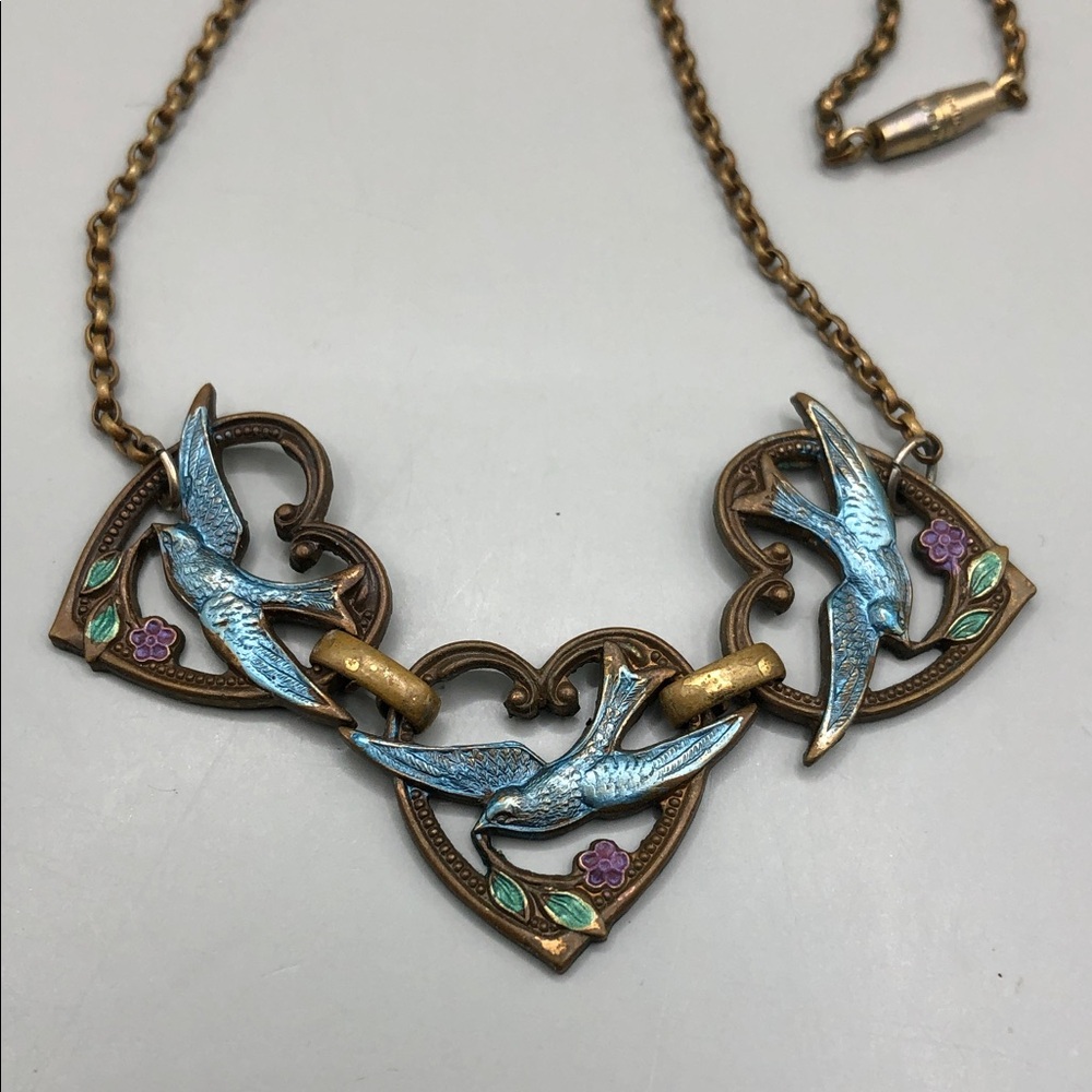 CH flower heart necklace + vintage birds chain necklace layered look boho. - Picture 5 of 9